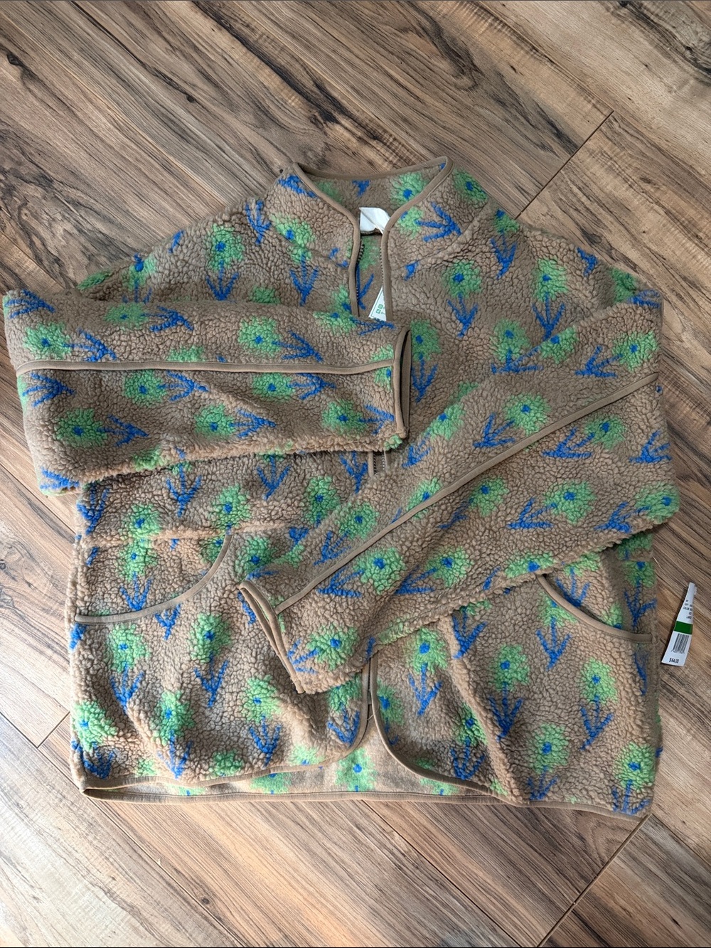 Very J Tan Sherpa Jacket with Blue & Green Floral Accents